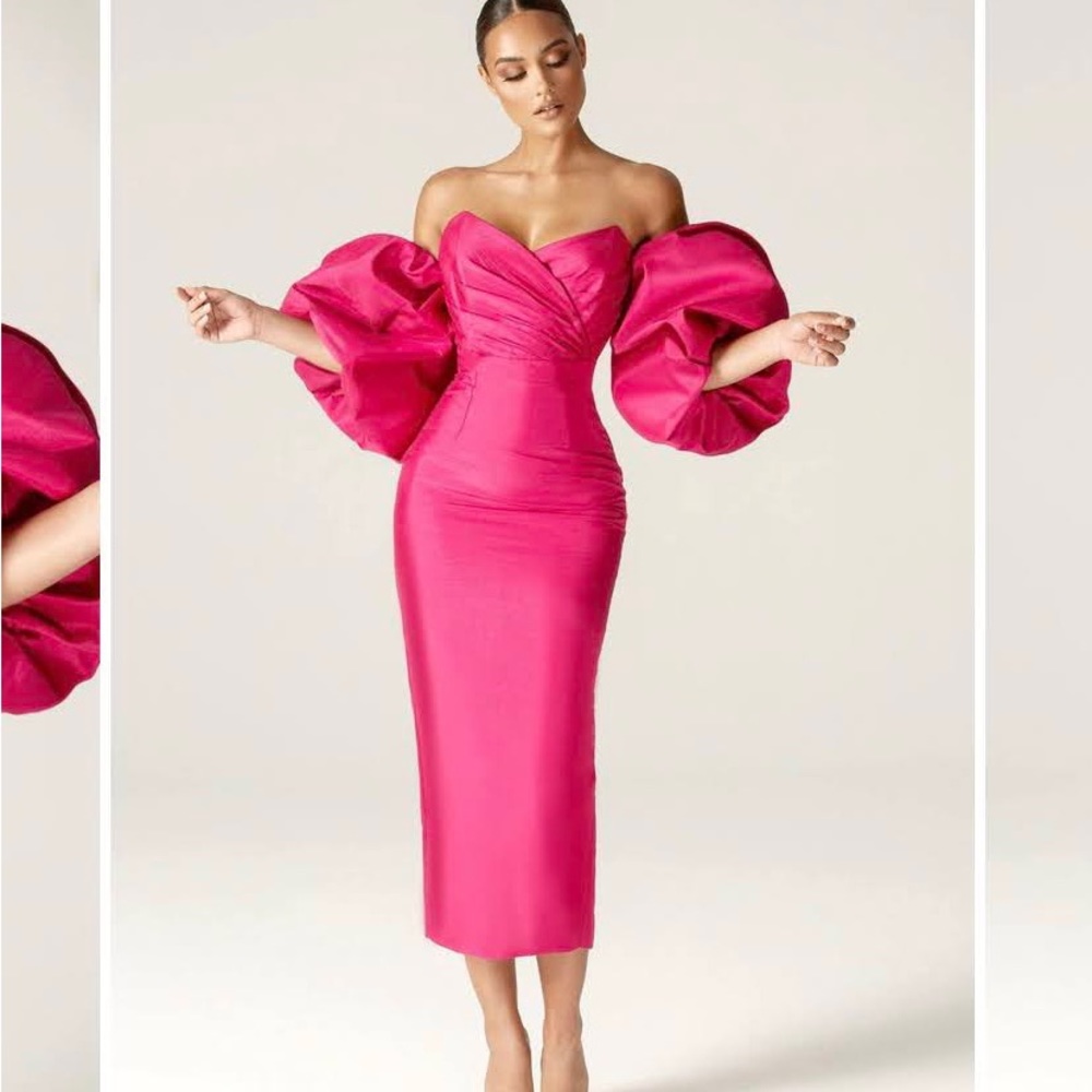 Tiffany Dupioni Puff Sleeve Dress - Fuchsia Pink